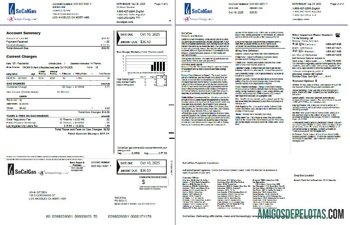 realista Modelo de fatura de serviços públicos de gás So Cal dos EUA em formatos Word e PDF, 2 páginas, versão 2